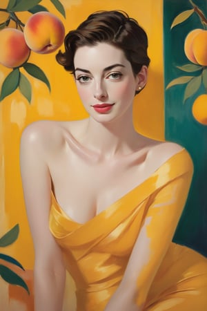 Anne Hathaway posed against a soft, dreamy background, her features bathed in warm, golden light that seems to emanate from within. Fuzzy brushstrokes dance across the canvas, blending vibrant colors like ripe peaches and sunshine yellow into a whimsical portrait of elegance. Henri Matisse's influence is palpable in the fluid, organic shapes and bold composition, as if 16k pixels came alive on this Impressionistic masterpiece.