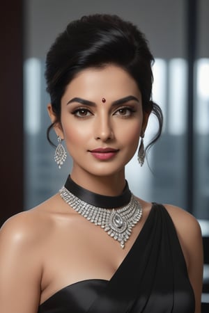 Vertical hyper-realistic portrait of a stunning Indian woman in her 40s, adorned with a choker belt, flaunting a striking wolf cut black hairdo, trending on ArtStation. She poses confidently in a luxurious office setting, donning a elegant saree that accentuates her curvaceous figure (36D). Her fair skin glows under the soft fairy tone lighting, and her determined gaze exudes a flirty charm reminiscent of Anne Hathaway. The sleek, modern composition draws attention to her flawless features, creating an unforgettable visual masterpiece.