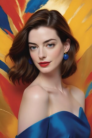 Anne Hathaway's ethereal visage glows beneath soft, golden beauty lighting, as if kissed by the divine. Vibrant hues of cadmium yellow, cerulean blue, and crimson red dance across her features in fuzzy brushstrokes, reminiscent of Henri Matisse's Fauvist flair. Framed against a serene, 16k resolution backdrop, Anne's gaze seems to melt into the atmosphere, as if suspended in a dreamlike state.