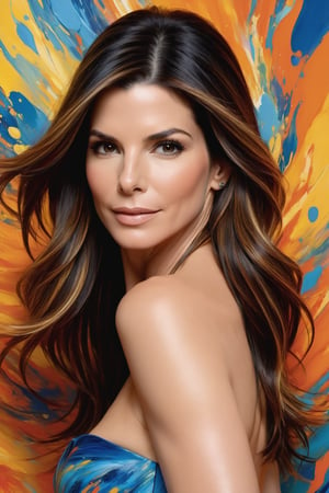 Sandra Bullock's radiant face glows amidst a swirling vortex of vibrant hues, as if infused by the warmth of beauty lighting. Fuzzy brushstrokes dance across her features, imbuing her porcelain skin with an ethereal quality. A kaleidoscope of colors - fiery oranges, electric blues, and sunshine yellows - blend in frenzied harmony, evoking Jackson Pollock's signature style. Set against a 16k canvas, Sandra's gaze holds steady, as if beckoning the viewer into this fantastical realm.