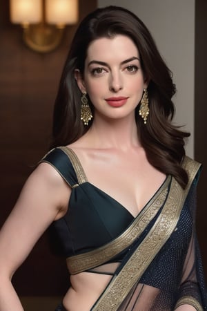 Anne Hathaway, a stunning young woman with Indian roots, poses confidently in a luxurious office setting. Her Trendsetter wolf-cut black hair falls down her back like a waterfall, framing her radiant fair skin and striking features. She wears a modern saree that drapes elegantly around her curvaceous figure, accentuating her 36D bust. A choker belt cinches at her waist, highlighting her toned physique. Her determined gaze, illuminated by fairy-like lighting, seems to say, 'I'm taking over the world.' The camera captures every detail of her stunning features, from her flirty gaze to the subtle curves of her full lips.