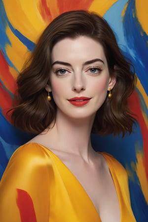 Anne Hathaway's ethereal visage glows beneath soft, golden beauty lighting, as if kissed by the divine. Vibrant hues of cadmium yellow, cerulean blue, and crimson red dance across her features in fuzzy brushstrokes, reminiscent of Henri Matisse's Fauvist flair. Framed against a serene, 16k resolution backdrop, Anne's gaze seems to melt into the atmosphere, as if suspended in a dreamlike state.