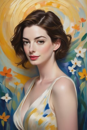 Anne Hathaway's ethereal features radiate against a vivid, Impressionist backdrop of swirling brushstrokes and vibrant hues. Softly lit by warm, golden beams, her gaze appears enigmatic, as if lost in thought. The atmosphere is dreamy, with delicate wisps of cloud-like texture blending into the soft focus. Henri Matisse's signature style shines through in the bold color palette, imbuing Anne's portrait with a sense of whimsical, artistic flair.