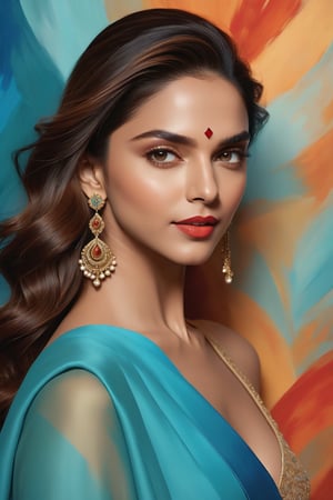 Deepika Padukone's radiant face emerges from a canvas of swirling colors, reminiscent of Henri Matisse's expressive style. Soft, fuzzy brushstrokes blend in vibrant hues of turquoise, amber, and crimson, as warm beauty lighting accentuates her features. In the background, subtle gradations of blue evoke a dreamy atmosphere, while the subject's elegant pose against a neutral-toned backdrop harmonizes with the impressionistic landscape, all rendered in stunning 16k detail.