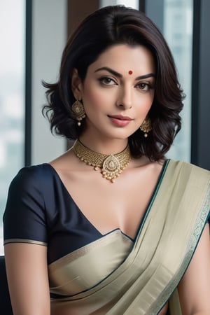 Vertical portrait of a stunning Indian woman in her 40s, donning a choker belt and Trendsetter wolf cut black hair styled to perfection. She sits confidently in a luxurious office, surrounded by sleek modern decor, wearing a stunning saree that accentuates her curves. Her fair skin glows with a fairy tone, as she fixes a determined yet flirty gaze directly at the camera. Her 36D bust is beautifully framed by the delicate folds of the saree. The overall aesthetic exudes high-end digital art, reminiscent of Anne Hathaway's signature style.