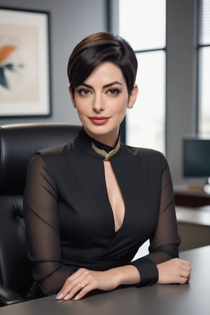 A stunning Indian woman in her 40s, donning a Trendsetter wolf cut black hairdo, sits poised and confident against a luxurious office backdrop. She wears a flowing saree that hugs her curves, showcasing her toned physique. Her 36D bust is framed by the choker belt, drawing attention to her fair skin and fairy-toned complexion. A flirty gaze meets the camera, reminiscent of Anne Hathaway's charm. The subject's determined expression exudes modern sophistication, as she sits amidst sleek, high-end office decor. Framed within a rectangular crop, the photo captures every detail with hyper-realistic precision.