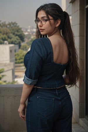 A stunning portrait of a 36-year-old Kashmiri woman, solo in a serene outdoor setting. She wears denim jeans, brown sandals, and a casual shirt, her long braided hair flowing down her back. Twin ponytails adorned with twin tails create a whimsical touch. Big eye glasses frame her striking features, including a T-shaped navel. The 50mm lens captures every detail in crisp 8K resolution.