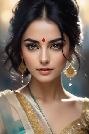 A breathtaking portrait of a Mozart-inspired woman, dressed in a stunning blouse and transparent saree, with Trendsetter wolf cut black hair. She composes music with intense focus, her medium-long fuzzy hair framing her face. Her perfect symmetric eyes gaze directly into the camera, while her gorgeous face radiates determination.

Golden light falls upon her from above, accentuating the volumetric lighting that adds depth and dimensionality to the image. The background is blurred, creating a shallow depth of field that draws attention to the subject's sharp features.

Jeremy Mann, Carne Griffiths, and Robert Oxley would be proud of this masterclass portrait, with its layered shading, intricate details, and rich, deep colors. This highly realistic digital artwork is reminiscent of an oil painting, with heavy brushstrokes and paint drips adding texture to the image.
