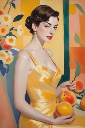 Anne Hathaway posed against a soft, dreamy background, her features bathed in warm, golden light that seems to emanate from within. Fuzzy brushstrokes dance across the canvas, blending vibrant colors like ripe peaches and sunshine yellow into a whimsical portrait of elegance. Henri Matisse's influence is palpable in the fluid, organic shapes and bold composition, as if 16k pixels came alive on this Impressionistic masterpiece.