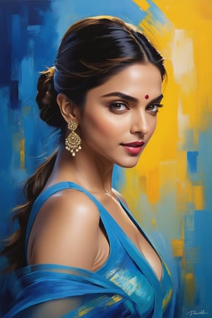 Vibrant hues dance across a canvas as Deepika Padukone's radiant presence is captured in an impressionistic oil painting. Soft focus and fuzzy brushstrokes evoke the dreamy quality of Henri Matisse's work. Beauty lighting illuminates her features, while bold colors like cadmium yellow and cerulean blue swirl together in a whirlwind of creative expression. In this 16k masterpiece, Deepika's elegance shines against a warm, textured background, as if bathed in the golden light of a French studio.
