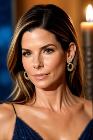 In a soft focus portrait, Sandra Bullock's gentle expression is bathed in warmly glowing candlelight, with subtle brushstrokes and fuzzy textures blending her features. Her wistful gaze drifts into the distance, as the background dissolves into a swirling mix of warm golden hues, whispered blues, and ethereal whispers of color.