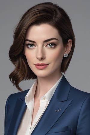 Anne Hathaway-inspired beauty, rendered in breathtaking hyper-realism. A stunning Indian woman in her 30s, donning a trendy wolf cut with rich brown locks, stands out as a trendsetter. Framed by a crisp white background, she poses confidently in a tailored blue business suit, exuding determination. Her piercing eyes, perfectly symmetrical and framed by luscious lashes, seem to bore into the soul. The soft, natural skin texture glows under the subtle light, casting no harsh shadows. The focus is razor-sharp, with high contrast and cinematic lighting creating an almost 3D effect. Shot in 8K HDR using a DSLR, this masterpiece features film grain reminiscent of a Fujifilm XT3. A true work of art, destined to trend on ArtStation and embody the essence of modern digital art.