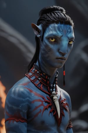 twenty year old male na'vi, (jungkook:1), ((ash gray skin)), white skin, gray palette, ((black hair)), ((short hair)), messy hair, ((neon red eyes:1)), skin full of ((scales)), stern face, ((pointy fangs)), full of red painted stripes, wearing (bones) as acessories, wearing tribal clothing, beautiful na'vi, action scene, close-up face view, ((profile view)), realistic_eyes, hyper_realistic, extreme details, HDR, 4k quality, perfect quality, perfect image, HD quality, movie scene, Read description, ADD MORE DETAIL, vulcanic land background, cave with bonfires background