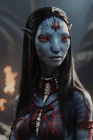 forty five years old female na'vi, lucy liu, ((ash gray skin)), (white skin), gray palette, ((black hair)), ((long hair)), messy hair, ((wearing a headdress made of spikes)), ((bloody red eyes)), skin full of ((scales)), stern face, ((pointy fangs)), full of red painted stripes, wearing (bones) as acessories, wearing tribal clothing, beautiful na'vi, action scene, close-up face view, ((profile view)), realistic_eyes, hyper_realistic, extreme details, HDR, 4k quality, perfect quality, perfect image, HD quality, movie scene, Read description, ADD MORE DETAIL, vulcanic land background, cave with bonfires background