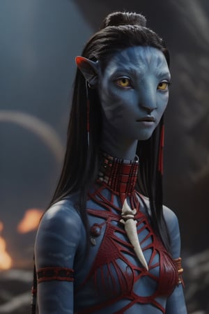 twenty years old female na'vi, (liza soberano:1.2), ((ash gray skin)), white skin, gray palette, ((black hair)), ((short spiky hair)), messy hair, ((red eyes:1.3)), skin full of ((scales)), ((stripes made of scales)), stern face, ((pointy fangs)), full of red painted stripes, wearing (bones) as acessories, wearing tribal clothing, wearing rope as clothing, beautiful na'vi, action scene, close-up face view, ((profile view)), realistic_eyes, hyper_realistic, extreme details, HDR, 4k quality, perfect quality, perfect image, HD quality, movie scene, Read description, ADD MORE DETAIL, vulcanic land background, cave with bonfires background