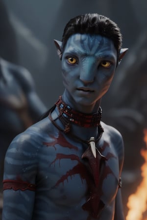 twenty year old male na'vi, young ralph macchio, ((ash gray skin)), (white skin), gray palette, ((black hair)), ((short hair)), messy hair, ((bloody red eyes)), skin full of ((scales)), stern face, ((pointy fangs)), full of red painted stripes, wearing (bones) as acessories, wearing tribal clothing, beautiful na'vi, action scene, close-up face view, ((profile view)), realistic_eyes, hyper_realistic, extreme details, HDR, 4k quality, perfect quality, perfect image, HD quality, movie scene, Read description, ADD MORE DETAIL,vulcanic land background, cave with bonfires background