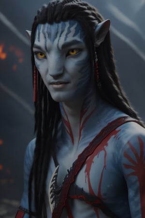 Na'vi, twenty years old male, japanese, ((gray skin)), (white skin), gray palette, ((black hair)), ((long hair)), messy hair, ((bloody red eyes)), skin full of ((scales)), stern face, ((pointy fangs)), full of red painted stripes, red face painting, wearing (bones) as acessories, wearing tribal clothing, beautiful na'vi, action scene, close-up view, profile view, realistic_eyes, hyper_realistic, extreme details, HDR, 4k quality, perfect quality, perfect image, HD quality, movie scene, Read description, ADD MORE DETAIL,vulcanic land background, cave with bonfires background
