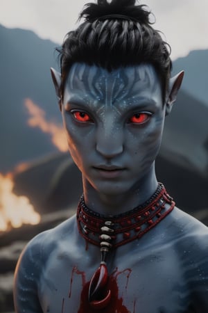 twenty year old male na'vi, (jungkook:1.2), ((ash gray skin)), white skin, gray palette, ((black hair)), ((short hair)), messy hair, ((bloody red eyes:1.3)), skin full of ((scales)), stern face, ((pointy fangs)), full of red painted stripes, wearing (bones) as acessories, wearing tribal clothing, wearing rope as clothing, beautiful na'vi, action scene, close-up face view, ((profile view)), realistic_eyes, hyper_realistic, extreme details, HDR, 4k quality, perfect quality, perfect image, HD quality, movie scene, Read description, ADD MORE DETAIL, vulcanic land background, cave with bonfires background