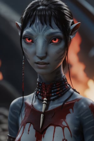 twenty years old female na'vi, kanna hashimoto, ((ash gray skin)), (white skin), gray palette, ((black hair)), ((pixie cut hair)), messy hair, ((bloody red eyes)), skin full of ((scales)), stern face, ((pointy fangs)), full of red painted stripes, wearing (bones) as acessories, wearing tribal clothing, beautiful na'vi, action scene, close-up face view, ((profile view)), realistic_eyes, hyper_realistic, extreme details, HDR, 4k quality, perfect quality, perfect image, HD quality, movie scene, Read description, ADD MORE DETAIL,vulcanic land background, cave with bonfires background