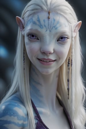 (Anya Taylor-Joy) as an albino Na'vi, female, ((white skin)), ((albinism)), ((white hair)), (long straight hair), (purple colored eyes), pale (barely visible) stripes, white color palette, smiling, pointy teeth, beautiful na'vi, action scene, portrait view, profile view, realistic_eyes, hyper_realistic, extreme details, HDR, 4k quality, perfect quality, perfect image, HD quality, movie scene, Read description, ADD MORE DETAIL