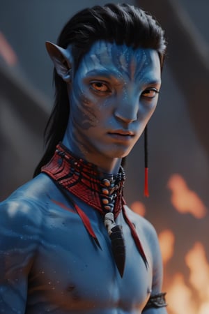 twenty year old male na'vi, (jungkook:1.2), ((ash gray skin)), white skin, gray palette, ((black hair)), ((short hair)), messy hair, ((neon red eyes:1)), skin full of ((scales)), stern face, ((pointy fangs)), full of red painted stripes, wearing (bones) as acessories, wearing tribal clothing, wearing ropes as clothes, beautiful na'vi, action scene, close-up face view, ((profile view)), realistic_eyes, hyper_realistic, extreme details, HDR, 4k quality, perfect quality, perfect image, HD quality, movie scene, Read description, ADD MORE DETAIL, vulcanic land background, cave with bonfires background