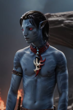 twenty year old male na'vi, (jungkook:1.2), ((ash gray skin)), white skin, gray palette, ((black hair)), ((short hair)), messy hair, ((red eyes:1.3)), skin full of ((scales)), stern face, ((pointy fangs)), full of red painted stripes, wearing (bones) as acessories, wearing tribal clothing, wearing rope as clothing, beautiful na'vi, action scene, close-up face view, ((profile view)), realistic_eyes, hyper_realistic, extreme details, HDR, 4k quality, perfect quality, perfect image, HD quality, movie scene, Read description, ADD MORE DETAIL, vulcanic land background, cave with bonfires background