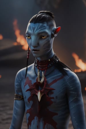 Na'vi, twenty years old male, japanese, ((gray skin)), (white skin), gray palette, ((black hair)), ((buzzcut short hair)), messy hair, ((bloody red eyes)), skin full of ((scales)), stern face, ((pointy fangs)), full of red painted stripes, red face painting, wearing (bones) as acessories, wearing tribal clothing, beautiful na'vi, action scene, close-up view, profile view, realistic_eyes, hyper_realistic, extreme details, HDR, 4k quality, perfect quality, perfect image, HD quality, movie scene, Read description, ADD MORE DETAIL,vulcanic land background, cave with bonfires background
