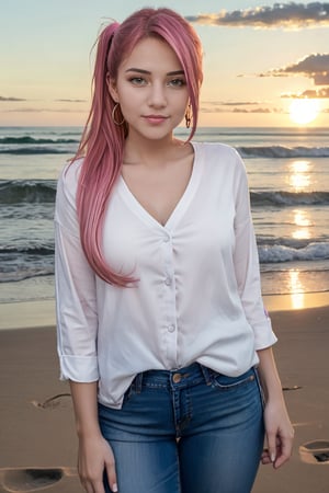 a 23 young woman with long, straight pink hair styled into two high ponytails. with her eyes looking directly at the camera. dressed yellow top and jeans,standing on a beach with the ocean and sunset in the background., 