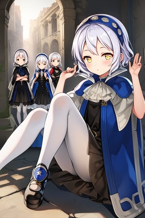 score_9, score_8_up, score_7_up, score_6_up, score_5_up, score_4_up,source_anime,10yo, Melina with short white hair,  white pantyhose, yellow eyes, blue headband, short hair, cape, skirt, Black see-through skirt, foot armor. melina_c

profile,Close mouth,

She the dress glinting in the soft lighting. showcasing her elegant demeanor.

The scene is Fight with a in the ruins backdrop, with a hint of blush on Melina's cheeks, giving off an air of sweetness and innocence.