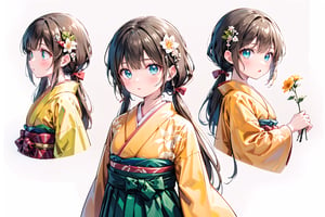
simple background, 1 girl , Cute samurai girl, (orange kimono :1) , (green skirt hakama : 1),( brown hair ), bangs , hair intakes,(low twintails), shiny hair,long hair,kimono , 4K, HD Exquisite images, (blue eye : 1),(white Hair ring :1) ,(green headband : 1) ,( headband on the Japanese red one toon flower ),masterpiece,hakama skirt,multiple views,full body, detailed ,short sleeve,
low twintails:1.5,long hair, Low Twintails Helper,low twintails,hair to waist,