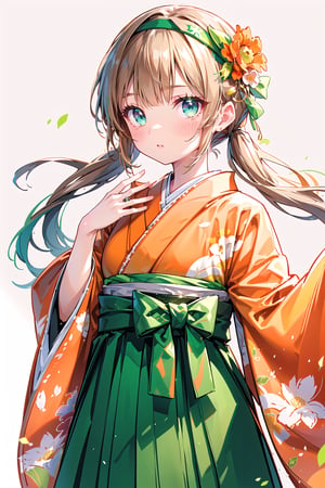 (green headband :1.5) ,1 girl ,16year old, Cute samurai girl, (orange kimono :1.5) , (green skirt hakama:1.5),(brown hair), bangs , hair intakes,(low twintails), shiny hair,long hair,kimono , 4K, HD Exquisite images,blue eyes,(white Hair ring :1) ,smooth lines, ( headband on the right side only one Japanese red toon flower ),masterpiece,hakama skirt, detailed ,short sleeve, low twintails:1.5, 
Id Photo stock images, extreme close-up, tease