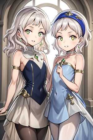 2girl, 10 yo, multipke girls, closed together, Anime style, 4K UHD, high quality, masterpiece:1.5,

(Melina, short hair:1.2, white hair, yellow eyes, blue clothes, white pantyhose, blue headband, shut up);
(thillelille, long hair, blond hair, green eyes, red clothes, black pantyhose:1.5, yellow headgear);

looking at viewer, blush, smile, dress, holding,  bare shoulders, jewelry, collarbone,   sidelocks, cowboy shot, earrings, parted lips, hand up, strapless, covered navel, gem, strapless dress, pelvic curtain, armlet, gold trim, glint, elegant palace background, divine radiance