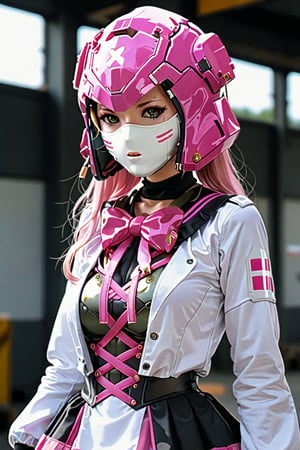 score_9, score_8_up, score_7_up, score_6_up, score_5_up, score_4_up, source_anime, ((White full Face Mask:1.5)), ((((Riica:1.5))), (((clear lines:1.2))), (Double tail), pink cross hair accessories, black pink maid skirt, pink helmet, Metal reflective effect, as the real metal body shines with a seductive sheen. a true marvel of engineering and beauty. realistic images,
 Aesthetic film photography, cinematic, science fiction, military science fiction, close-up, glowing eyes, sexy body, footwear