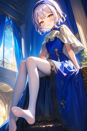 12yo, Melina with short white hair and yellow eyes, wearing blue clothes, white pantyhose, and a blue headband ,short hair.

(girl boldly steps on the man's head with her foot, showcasing her confidence and sassiness.):1.5


The scene is framed by an elegant palace background, radiating divine light.

She the dress glinting in the soft lighting. Her parted lips form a arrogant smile as she holds up her hand, showcasing her elegant demeanor. 

The scene is set against a rich blue backdrop, with a hint of blush on Melina's cheeks, giving off an air of sweetness and innocence.