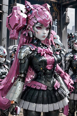 score_9, score_8_up, score_7_up, ((((Riica:1.5))), white mask, (((no nose:1.5))), full, Twin ponytails,pink cross hair accessories, black pink maid skirt, 
pink helmet, Metal reflective effect, (((no
nose:1.2))), A massive robotic giant, Riica, towers at an astonishing 10,000 feet tall, as the real metal body shines with a seductive sheen. From ground level, Riica's imposing figure dominates the landscape, a true marvel of engineering and beauty. Double tail, Looking up from the ground, People look up at giant robot, realistic images, Aesthetic film photography, cinematic, science fiction, military science fiction,  Knight, close-up, glowing eyes, sexy body