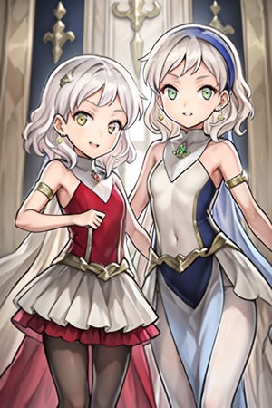 2girl, 10 yo, multipke girls, closed together, Anime style, 4K UHD, high quality, masterpiece:1.5,

(Melina, short hair:1.2, white hair, yellow eyes, blue clothes, white pantyhose, blue headband, shut up);
(thillelille, long hair, blond hair, green eyes, red clothes, black pantyhose:1.5, yellow headgear);

looking at viewer, blush, smile, dress, holding,  bare shoulders, jewelry, collarbone,   sidelocks, cowboy shot, earrings, parted lips, hand up, strapless, covered navel, gem, strapless dress, pelvic curtain, armlet, gold trim, glint, elegant palace background, divine radiance