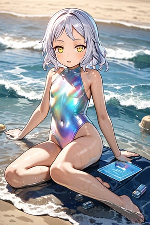 Melina, Anime style, 4K UHD, high quality, masterpiece:1.5
Character: 1 girl (solo), 14yo, short white hair :1.2, yellow eyes, open mouth, 

Outfit: (red high-tech sleek one-piece swimsuit):1.5, (iridescent and holographic design):1.3, (built-in performance sensors):1.2

Pose: 
Beach water play:1.3, 
splash water, 


Setting: 
Beach, 
Sunlight,


Props: 
blister,
sand castle,
Show feet,

Atmosphere: 
Sunlight

Details: sharp focus, detailed water textures, droplets on skin, photoreal:1.2

Style: anime, advanced 