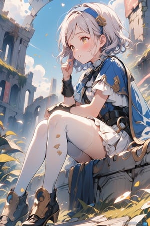 score_9, score_8_up, score_7_up, score_6_up, score_5_up, score_4_up,source_anime,10yo, 1girl, Melina with short white hair,  white pantyhose, yellow eyes, blue headband, short hair, cape, skirt,  foot armor. melina_c

(profile:1.2), Close mouth,

She the dress glinting in the soft lighting. showcasing her elegant demeanor.

The scene is Fight with a in the ruins backdrop, with a hint of blush on Melina's cheeks, giving off an air of sweetness and innocence.