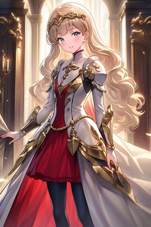 10yo, (palace knight holding sword):1.2, Thillelille with 
long yellow hair and green eyes, wearing red clothes, black pantyhose, and a golden hair accessories,long hair.


The scene is framed by an elegant palace background, radiating divine light.

She the dress glinting in the soft lighting. Her parted lips form a arrogant smile as she holds up her hand, showcasing her elegant demeanor. 

The scene is set against a rich red backdrop, with a hint of blush on Thillelille's cheeks, giving off an air of sweetness and innocence.