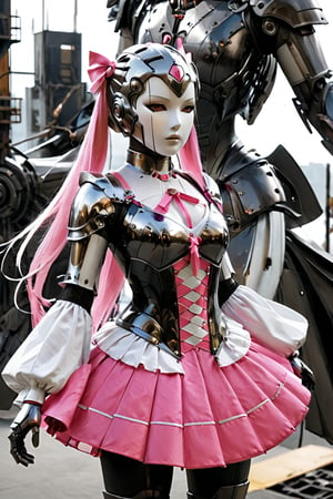 score_9, score_8_up, score_7_up, ((((Riica:1.5))), white mechanical mask no
nose, full, Twin ponytails, black pink maid skirt, Metal reflective effect, (((no
nose))), A massive robotic giant, Riica, towers at an astonishing 10,000 feet tall, as the real metal body shines with a seductive sheen. From ground level, Riica's imposing figure dominates the landscape, a true marvel of engineering and beauty. Double tail, Looking up from the ground, People look up at giant robot, realistic images, Aesthetic film photography, cinematic, science fiction, military science fiction,  Knight, close-up, glowing eyes, sexy body