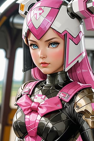 ((((Riica:1.5))), ((White Face Mask:1.5)), ((( clear lines:1.5))), (Double tail), pink cross hair accessories, black pink maid skirt, pink helmet, Metal reflective effect, (((no nose:1.2))), Riica, as the real metal body shines with a seductive sheen. a true marvel of engineering and beauty. realistic images,
 Aesthetic film photography, cinematic, science fiction, military science fiction, Knight, close-up, glowing eyes, sexy body, 
footwear