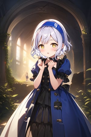 score_9, score_8_up, score_7_up, score_6_up, score_5_up, score_4_up,source_anime,10yo, Melina with short white hair and yellow eyes, blue headband, short hair. melina_c

She the dress glinting in the soft lighting. Her parted lips form a arrogant smile as she holds up her hand, showcasing her elegant demeanor.

The scene is Fight with a in the ruins backdrop, with a hint of blush on Melina's cheeks, giving off an air of sweetness and innocence.