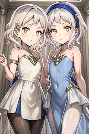 2girl, 10 yo, multipke girls, closed together, Anime style, 4K UHD, high quality, masterpiece:1.5,

(Melina, short hair:1.2, white hair, yellow eyes, blue clothes, white pantyhose, blue headband, shut up);
(thillelille, long hair, blond hair, green eyes, red clothes, black pantyhose:1.5, yellow headgear);

looking at viewer, blush, smile, dress, holding,  bare shoulders, jewelry, collarbone,   sidelocks, cowboy shot, earrings, parted lips, hand up, strapless, covered navel, gem, strapless dress, pelvic curtain, armlet, gold trim, glint, elegant palace background, divine radiance