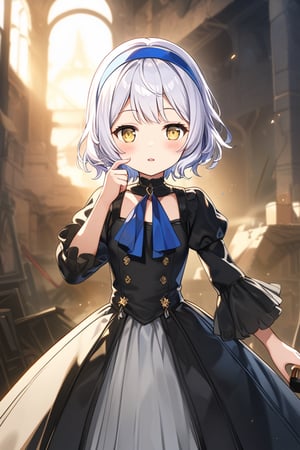 score_9, score_8_up, score_7_up, score_6_up, score_5_up, score_4_up,source_anime,10yo, Melina with short white hair and yellow eyes, blue headband, short hair. melina_c

She the dress glinting in the soft lighting. Her parted lips form a arrogant smile as she holds up her hand, showcasing her elegant demeanor.

The scene is Fight with a in the ruins backdrop, with a hint of blush on Melina's cheeks, giving off an air of sweetness and innocence.