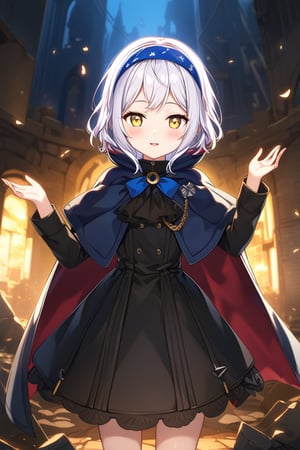 score_9, score_8_up, score_7_up, score_6_up, score_5_up, score_4_up,source_anime,10yo, Melina with short white hair and yellow eyes, blue headband, short hair, cape, skirt. melina_c

profile,Close mouth,

She the dress glinting in the soft lighting. Her parted lips form a arrogant smile as she holds up her hand, showcasing her elegant demeanor.

The scene is Fight with a in the ruins backdrop, with a hint of blush on Melina's cheeks, giving off an air of sweetness and innocence.