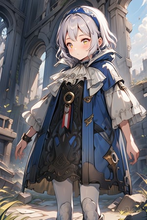 score_9, score_8_up, score_7_up, score_6_up, score_5_up, score_4_up,source_anime,10yo, 1girl, Melina with short white hair,  white pantyhose, yellow eyes, blue headband, short hair, cape, skirt,  foot armor. melina_c

(profile:1.2), Close mouth,

She the dress glinting in the soft lighting. showcasing her elegant demeanor.

The scene is Fight with a in the ruins backdrop, with a hint of blush on Melina's cheeks, giving off an air of sweetness and innocence.