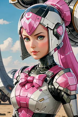 score_9, score_8_up, score_7_up, ((((Riica:1.5))), ((white mask)), ((( clear lines:1.5))), full, Two Ponytail Hairstyles, pink cross hair accessories, black pink maid skirt, pink helmet, Metal reflective effect, (((no nose:1.2))), A massive robotic giant, Riica, towers at an astonishing 10,000 feet tall, as the real metal body shines with a seductive sheen. From ground level, Riica's imposing figure dominates the landscape, a true marvel of engineering and beauty. Double tail, Looking up from the ground, People look up at giant robot, realistic images, Aesthetic film photography, cinematic, science fiction, military science fiction, Knight, close-up, glowing eyes, sexy body