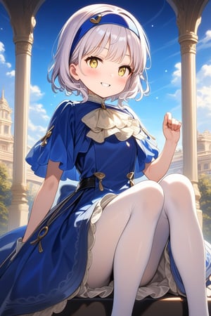 12yo, Melina with short white hair and yellow eyes, wearing blue clothes, white pantyhose, and a blue headband ,short hair.

(girl boldly steps on the man's head with her foot, showcasing her confidence and sassiness.):1.5


The scene is framed by an elegant palace background, radiating divine light.

She the dress glinting in the soft lighting. Her parted lips form a arrogant smile as she holds up her hand, showcasing her elegant demeanor. 

The scene is set against a rich blue backdrop, with a hint of blush on Melina's cheeks, giving off an air of sweetness and innocence.