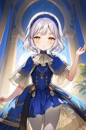 12yo, Melina with short white hair and yellow eyes, wearing blue clothes, white pantyhose, and a blue headband ,short hair.

The scene is framed by an elegant palace background, radiating divine light.

She the dress glinting in the soft lighting. Her parted lips form a arrogant smile as she holds up her hand, showcasing her elegant demeanor. 

The scene is set against a rich blue backdrop, with a hint of blush on Melina's cheeks, giving off an air of sweetness and innocence.