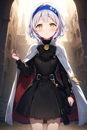 score_9, score_8_up, score_7_up, score_6_up, score_5_up, score_4_up,source_anime,10yo, Melina with short white hair and yellow eyes, blue headband, short hair, cape, skirt. melina_c

profile,Close mouth,

She the dress glinting in the soft lighting. Her parted lips form a arrogant smile as she holds up her hand, showcasing her elegant demeanor.

The scene is Fight with a in the ruins backdrop, with a hint of blush on Melina's cheeks, giving off an air of sweetness and innocence.